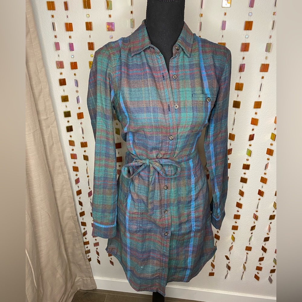 Plaid Button-Front Shirt Dress with Tie Waist - Teal Multi - Picture 2 of 11